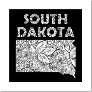 Mandala art map of South Dakota with text in white Posters and Art